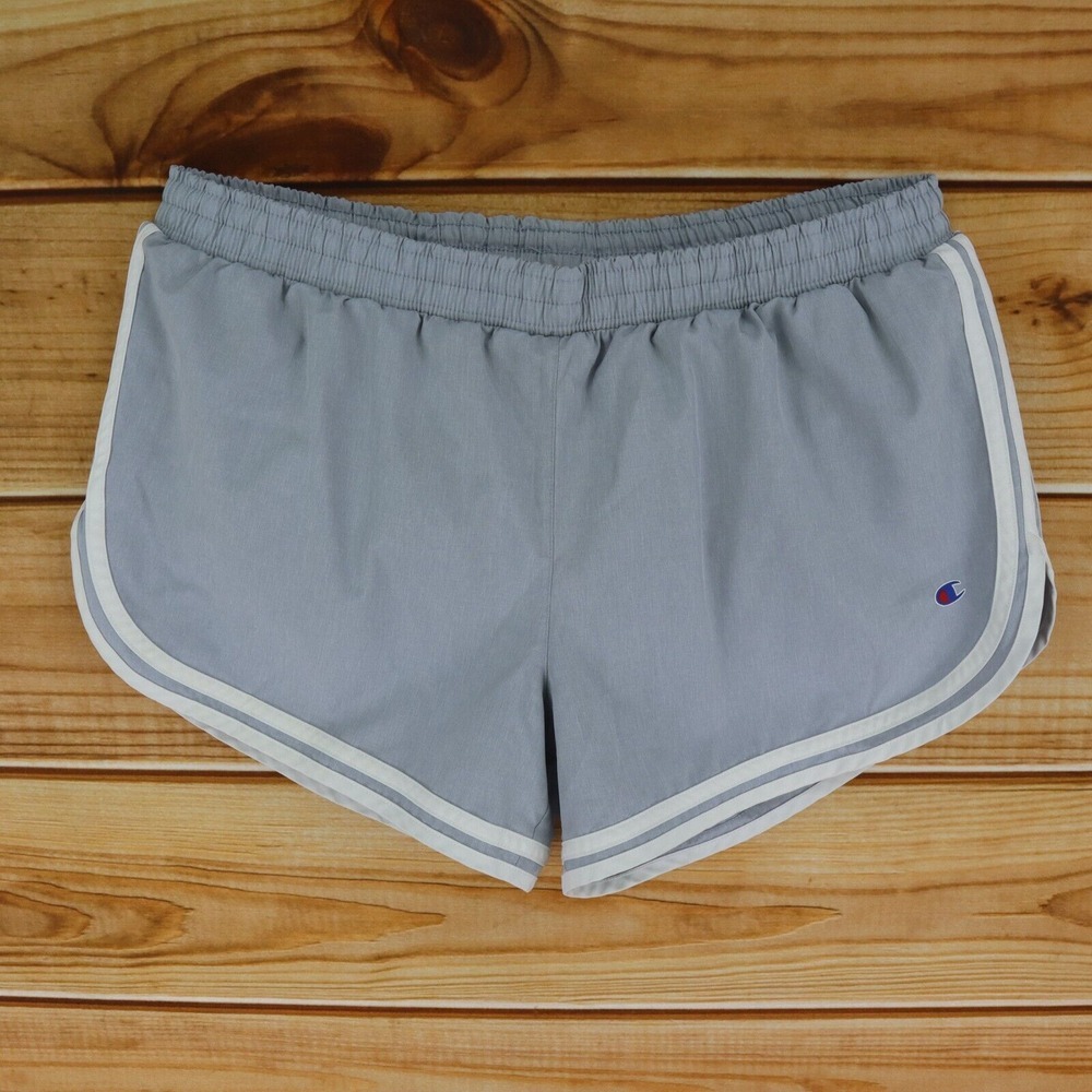 Champion Running Shorts w/ Liner‎ Womens Sz L Gray White Accents Polyester Blend